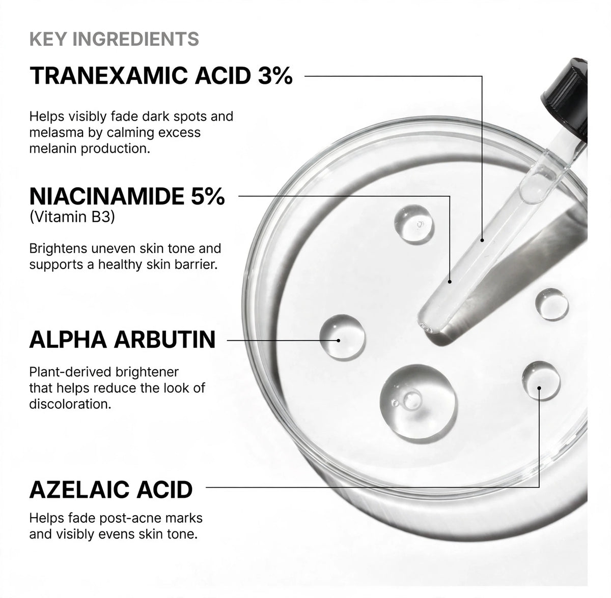 Brightening serum dropper with tranexamic acid, alpha arbutin, azelaic acid, and niacinamide