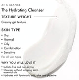 Hydrating Cleanser at a glance: creamy gel texture for all skin types — sulfate-free, non-drying, with hyaluronic acid, aloe and glycerine
