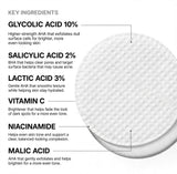 Illuminator Clear Complexion Pads key ingredients: glycolic acid 10%, salicylic acid 2%, lactic acid 3%, vitamin C, niacinamide, malic acid